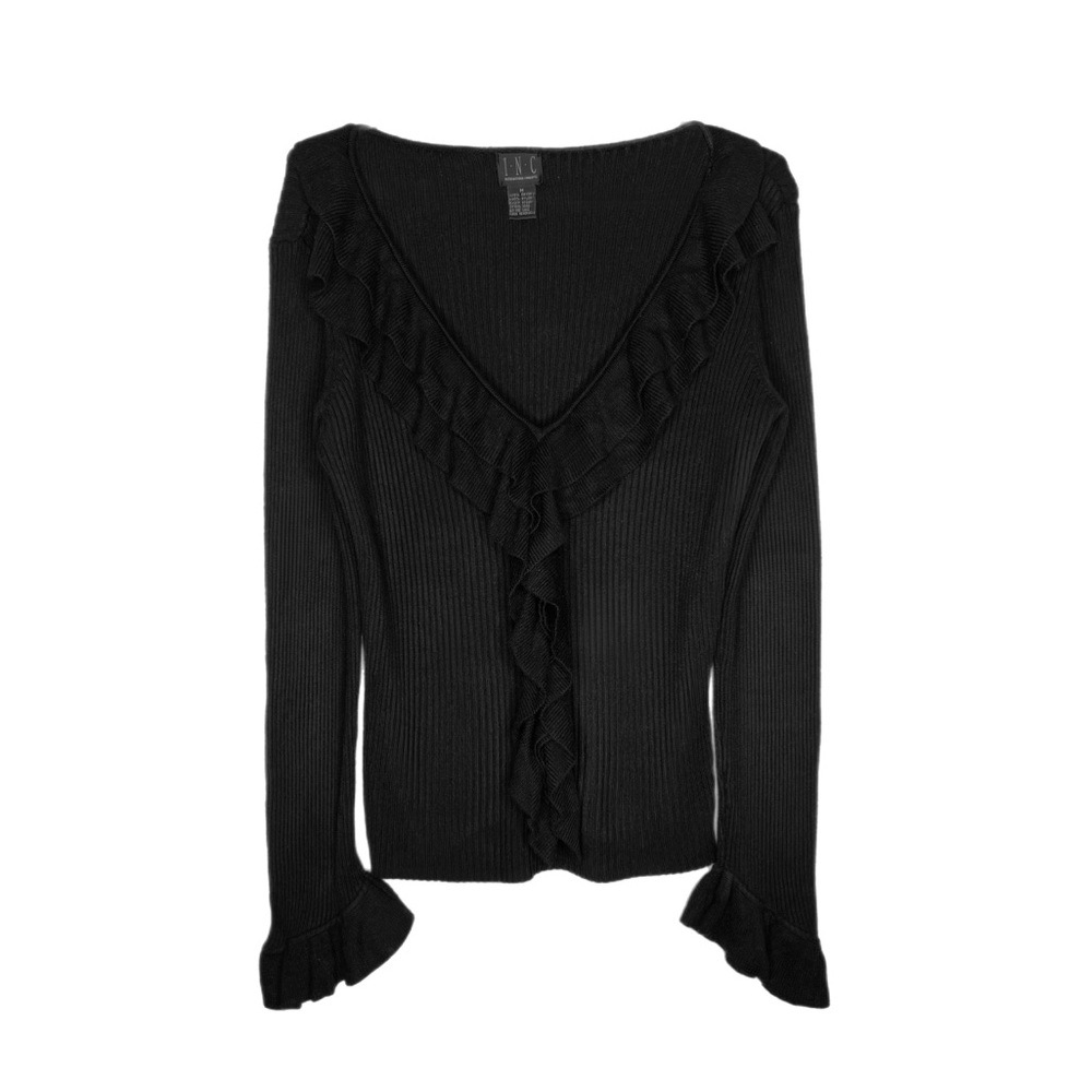 Black Ruffled V-Neck Sweater